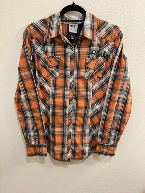Harley Davidson Plaid Embroidered Shirt Rhinestone Buttons Medium